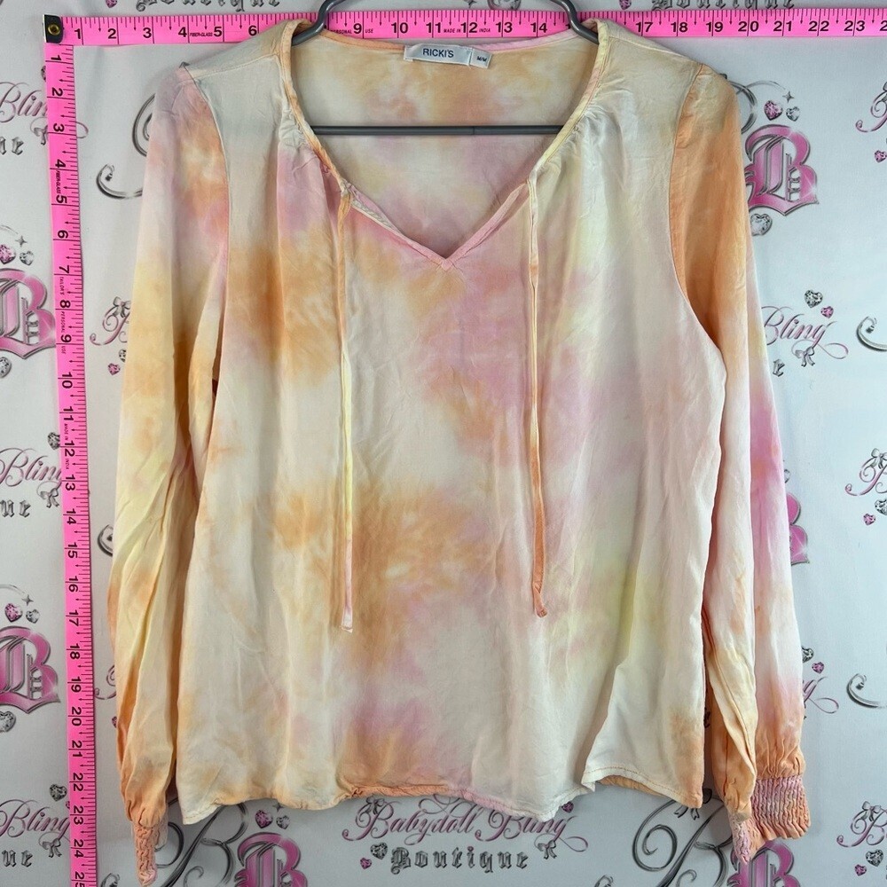 Ricki’s long sleeve light Tie-Dye V-Neck Peasant Blouse Pastel Peach/Pink